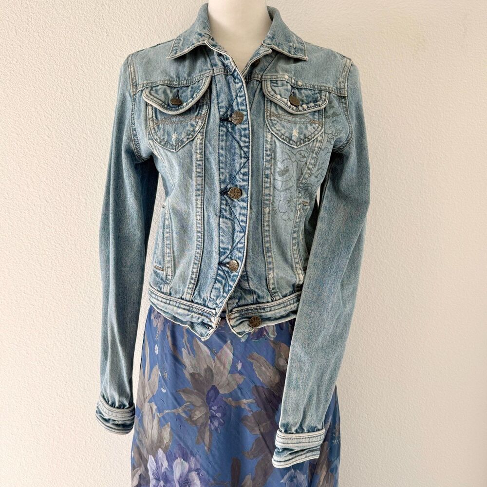 Vintage Cropped Light Wash Distressed Denim Jacket Western Boho 90s Size M Retro